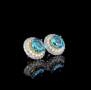 Luxury Round Cut Blue Gemstone & Lab Grown Diamond Halo <b>Stud</b> <b>Earrings</b> in Gold <b>Fine</b> Jewelry - Product Image 3