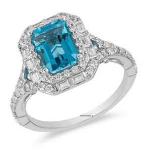 Anillo de Compromiso y Boda de Lujo con Topacio Azul Corte Esmeralda, Diamante Cultivado en Laboratorio, Oro 10K 14K 18K, Plata 925 935, Bañado en Rodio - Product Image 2