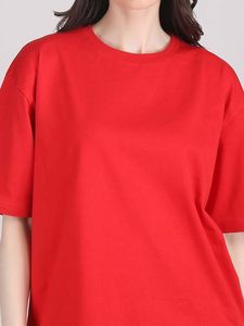 Haut ample décontracté pour femme en polyester/coton tricoté 180g, décoré de rouge, col rond uni, manches courtes, été, écologique - Product Image 1