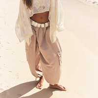 Pantalon de survêtement décontracté beige en molleton de coton pour femme, coupe ample, taille élastique, longueur cheville, style printemps, couleur unie, effet délavé vintage, avec poches