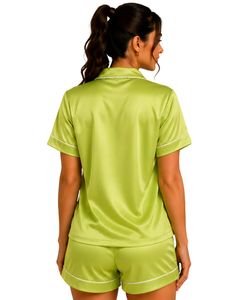 Manufacturer Custom Lime <b>Green</b> Satin Pajama Set Women <b>Silk</b> Sleepwear Soft Short Sleeve Embroidered Lounge Nightwear Outfit Set - Product Image 2