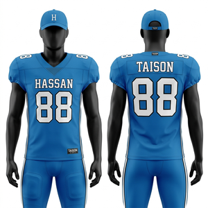 Mens American Football Uniform high quality polyester spandex mesh royal blue <b>white</b> <b>panel</b> stripe custom tackle sublimation logo - Product Image 6
