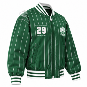 Chaqueta Universitaria de Satén a Rayas Verdes y Blancas para Mujer de la Hermandad Iota Phi Lambda, Chaqueta Letterman con Cierre y Letras Griegas Bordadas - Product Image 2