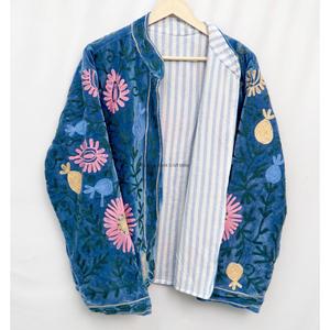 Manteau en velours bleu brodé de fleurs en coton, col mandarin, manches longues, style bohème, vêtement d'extérieur d'hiver, écologique, ouvert sur le devant - Product Image 3