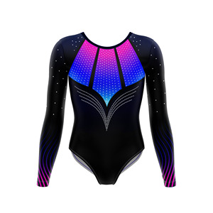Justaucorps de gymnastique CONX en coton à manches longues, dégradé noir, violet et bleu, avec détails en strass et taille élastique pour l'entraînement de danse - Product Image 1