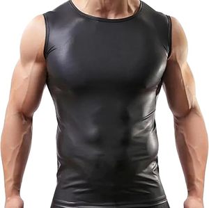 Débardeur Homme en Similicuir PU Noir à Col Rond, Vêtement Personnalisé Sans Manches - Product Image 1