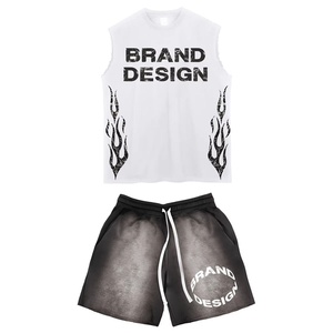 Men's Two-Piece Set Sleeveless T-<b>Shirt</b> With <b>Flame</b> Print Black Shorts Drawstring Waist Breathable Cotton Summer Casual Wear - Product Image 1