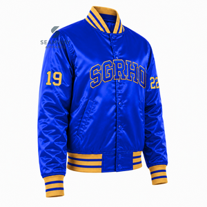 Chaqueta Universitaria Azul Satinado para Mujer Sigma Gamma Rho con Botones a Presión, Letras Griegas Bordadas, Cuello y Puños de Punto a Rayas, Ropa Universitaria - Product Image 2