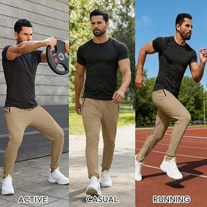 Men's Khaki Sweatpants Elastic Waist Drawstring Quick Dry Lightweight Joggers Casual Athletic <b>Pants</b> with Side Stripe - Product Image 6