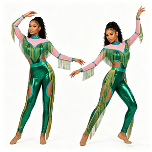 Uniforme Verde con Flecos Majarotte, Logotipo Frontal Rosa, Mangas Largas con Recortes, Ropa de Actuación para Adultos, Disfraz de Danza Escénica, 100% Poliéster - Product Image 1