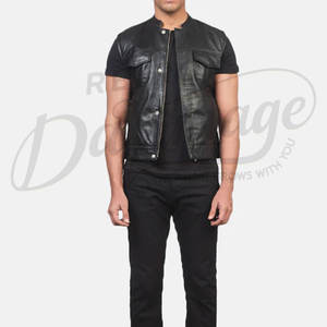 Chaleco de Cuero Genuino Negro Personalizado para Hombre, Corte Ajustado, Sin Cuello, con Cierre de Cremallera, Botones a Presión y Bolsillos en el Pecho - Product Image 1
