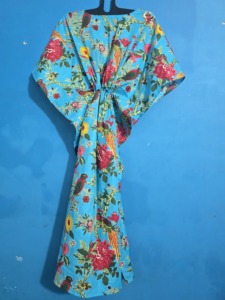 Vestido Kaftán Ecológico 100% Algodón de la India para Mujer, Cintura Natural, Estampado de Pájaros Turquesa, Suave, Holgado, Verano, Cierre Elástico en la Cintura - Product Image 5