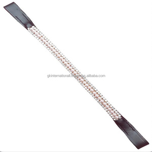 Bande de sourcils de cheval en cuir véritable, noir et marron, fait à la main, forme droite, avec 3 rangées de perles et de cristaux, chaîne métallique décorative - Product Image 3