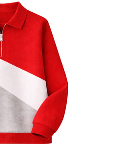 <b>Red</b> Color Blocked Quarter Zip Pullover <b>Sweatshirt</b> with Turn-Down Collar Regular Fit Knitted Sporty Style Unisex Long Sleeve - Product Image 3
