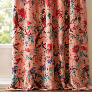 Hand Printed Cotton Velvet <b>Fabric</b> Peach Bird Print Upholstery & Decor Upholstery Sold By The Yard <b>fabric</b> material - Product Image 1
