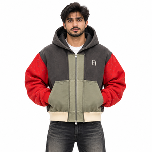 Sudadera con capucha para hombre de peso pesado con lavado ácido, estampado personalizado, mangas con pedrería, bloques de color, cremallera completa, ropa de calle de invierno, suministro ODM - Product Image 1
