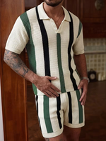 Men's Color Blocking Polo Shirt Shorts Set Knitted Casual Summer Wear Breathable Cotton Polo Collar Design Customized Colors