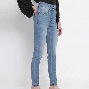 Jean en denim bleu délavé taille haute coupe skinny avec braguette boutonnée, style décontracté pour femme, grande taille, pantalon long - Product Image 4