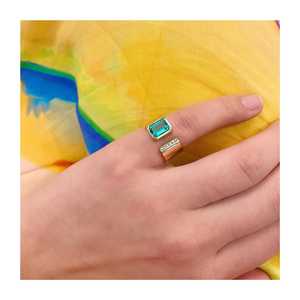 Emerald Cut Green Gemstone Engagement Ring Bezel Set 9mm Wide Open <b>Gap</b> Cigar Solitaire Accent Bands For Women 14K Gold Wholesale - Product Image 4