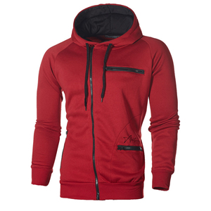 OEM Custom Logo <b>Red</b> Zip Up Hoodie <b>Men</b> Slim Fit Streetwear Hooded Jacket Black Zipper Pockets Pullover <b>Sweatshirt</b> Wholesale - Product Image 4