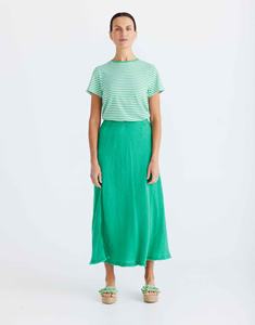 กระโปรงผ้าลินินทรงสวยทันสมัย เอวยางยืด ผ่าข้าง แต่งชายรุ่ย 100% ผ้าลินิน สีเขียวแอปเปิ้ล สำหรับผู้หญิง - Product Image 2