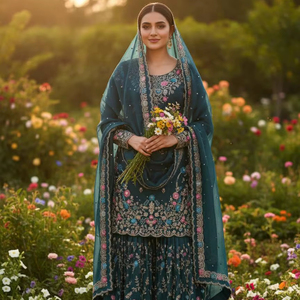 Heavy Designer Anarkali Sharara Set with Thread Work and 4 Side Dupatta - Product Image 1