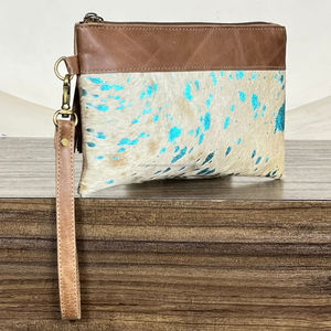 Custom Metallic Turquoise Cowhide Leather <b>Wristlet</b> Clutch Wallet for Women's Western Style Genuine Leather Zipper Hand Pouch Bag - Product Image 4