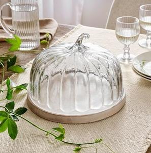 Small clear <b>glass</b> <b>dome</b> with wooden bowl base rustic dessert display for fruits snacks kitchen table new style stand base feeted - Product Image 2