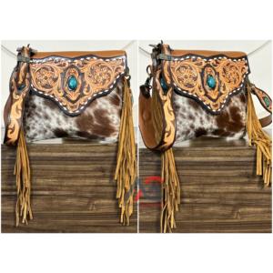 Nuevo Bolso Bandolera de Cuero Vacuno con Diseño Western, Flecos Largos y Piedra Turquesa, Estilo Boho Cowgirl para Mujer - Product Image 1