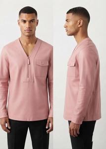 Camiseta de Diseño para Hombre, Cuello en V, Media Cremallera, Manga Larga, Ajustada, de Cuero Genuino Suave, Color Rosa - Product Image 6