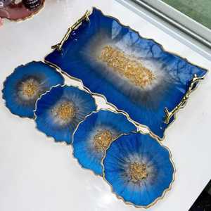 Handmade Resin Serving Tray with Gold Handles and Matching Coasters Elegant Decorative Tableware Luxury Resin <b>Art</b> <b>Set</b> for Decor - Product Image 1