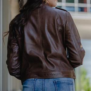 Nuevas chaquetas de mujer con cremallera marrón y logotipo personalizado RTS, chaqueta vintage para invierno, abrigos de cuero elegantes, estilo bomber, ropa urbana. - Product Image 6