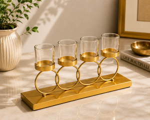 Premium Gold Tealight Candle Holder with Glass <b>Cups</b> – Modern Table Centerpiece 4-Candle Tealight Holder for Living Room & Dining - Product Image 2