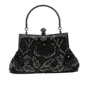 Pochette brodée de perles noires, motif floral artisanal complexe, perles fines cousues à la main - Product Image 1