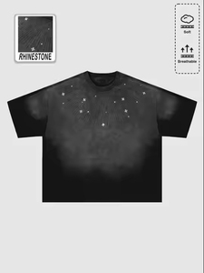 เสื้อยืดโอเวอร์ไซส์สีดำไล่เฉดประดับคริสตัลรูปพระอาทิตย์ พร้อมลายดาว สไตล์ฮิปฮอป สตรีทแวร์ แฟชั่น ผ้าฝ้าย 100% เสื้อยืดผู้ชาย - Product Image 2