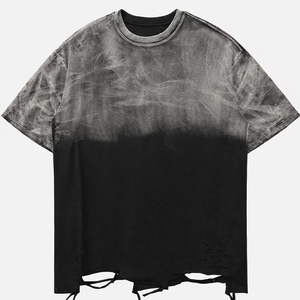 Distressed <b>shirt</b> Vintage Washed O Neck Baggy <b>Shirt</b> Loose Fit Oversized <b>Y2K</b> Streetwear Hip Hop Urban Ripped t <b>shirt</b> Stonewashed - Product Image 1