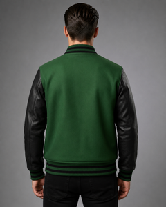 Premium Quality Men Green Varsity <b>Jacket</b> With PU <b>Leather</b> Sleeves Embroidered Logo Front Button Closure Casual Varsity <b>Jacket</b> - Product Image 4