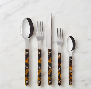 Juego de cubiertos vintage de 5 piezas de acero inoxidable con mangos de imitación de caparazón de tortuga, apto para lavavajillas, cuchillo, tenedor y cuchara para servir. - Product Image 3
