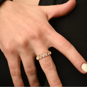 18K Gold Rainbow Moonstone Eternity Band with Sapphire Ruby Emerald Micro Insert Prong Setting - Product Image 4