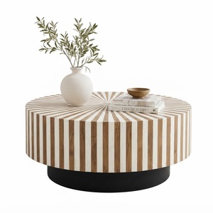 Mesa de Centro Redonda con Incrustaciones de Hueso Personalizadas, Mesa de Centro Moderna de Lujo con Diseño Radial a Rayas, Muebles para Sala de Estar, Venta al Por Mayor - Product Image 1