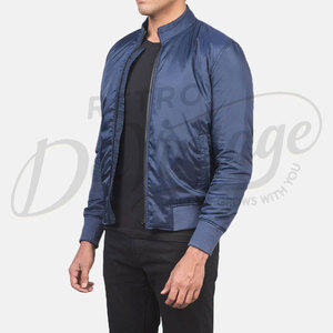 <b>Men</b> Navy Blue Satin Bomber <b>Jacket</b> Lightweight <b>Flight</b> <b>Jacket</b> with Ribbed Trim and Zippered Front Casual Outerwear - Product Image 5