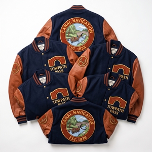 Chaqueta Bomber Varsity de Lana Azul Rey con Cuero Blanco y Bordado de Cúpula de Observatorio Esfera Solar para Vendedores de Ropa - Product Image 5