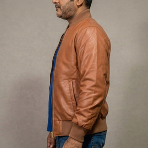 Blouson en cuir style High Street pour homme, durable et élégant avec surpiqûres contrastées, fermeture éclair, veste homme de haute qualité - Product Image 2