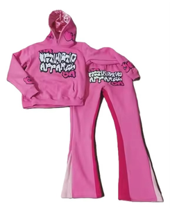 2026 Sportswear 450gsm Heavyweight Acid Wash 100% Cotton Stacked Sweat Suits for Flared Sweatpants Hoodies Set 3D <b>Foaming</b> - Product Image 1