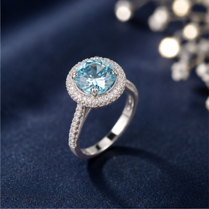 925 Sterling Silver Aquamarine Light Blue Topaz Round Cut Halo <b>Ring</b> Pave <b>CZ</b> Engagement Anniversary Band Jewelry Gift Women - Product Image 1