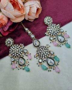 Elegant Kundan Pearl Strand Choker <b>Necklace</b> Set With Earrings And Mangtika Traditional Ethnic Festive Wear Jewellery Collections - Product Image 3