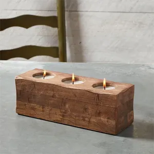 Porte-bougie triple en bois, support rectangulaire pour bougies chauffe-plat, décoration rustique style ferme, bois naturel, pour table - Product Image 1