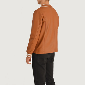เสื้อแจ็คเก็ตบอมเบอร์หนัง PU สีเขียวสำหรับผู้ชาย แบบไม่มีปก ทรงปกติ ติดกระดุมแถวเดียว แต่งขอบสีขาว สวมใส่สบายๆ ในฤดูใบไม้ร่วง - Product Image 6