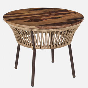 Mesa de Centro Moderna Industrial de Madera Maciza de Mango con Base Redonda de Metal y Cesta de Cuerda Tejida, Estilo Hogar - Product Image 3