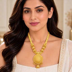 Majestic 24K Gold Polish Copper Brass Long <b>Necklace</b> <b>Set</b> with Dome Pendant Matching <b>Earrings</b> for Indian <b>Bridal</b> Wedding Jewelry - Product Image 2